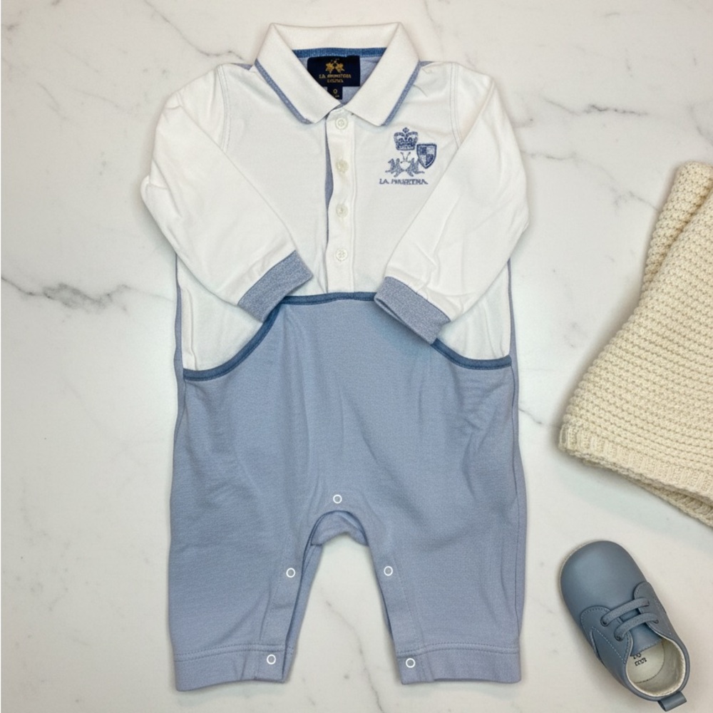 ✨ La Martina 🍼✨ White and Blue Baby Boy Bodysuit and Bib - 9 months